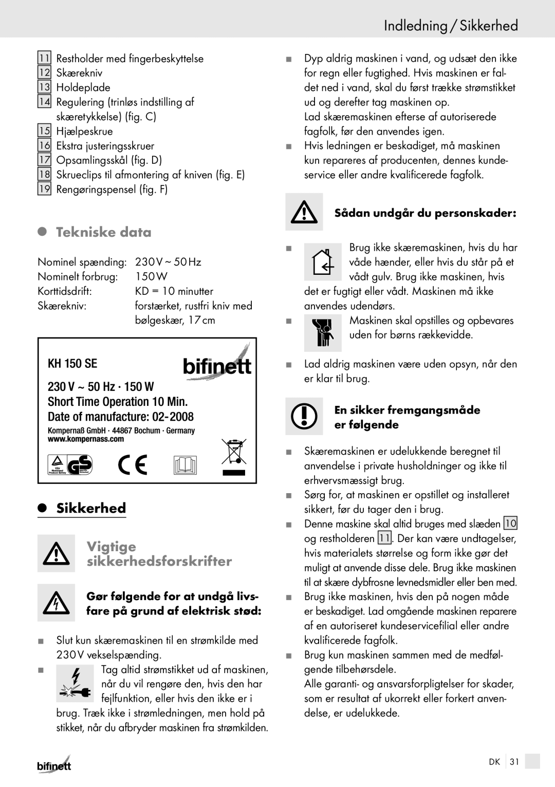 Kompernass KH 150 manual Indledning / Sikkerhed, Tekniske data, Vigtige sikkerhedsforskrifter 